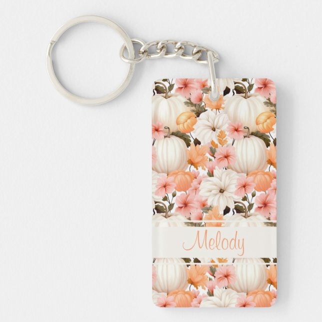 Elegant Pumpkin and flowers fall pattern Keychain (Front)