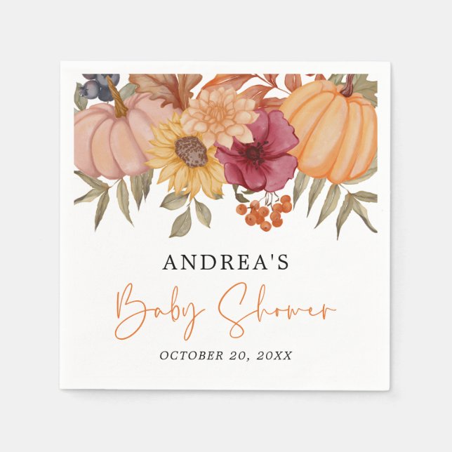 Elegant Pumpkin Autumn Fall Flower Baby Shower Napkins (Front)