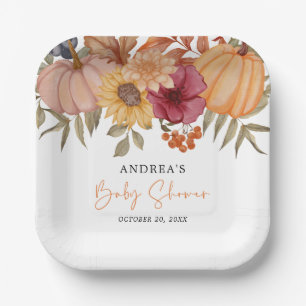 Elegant Pumpkin Autumn Fall Flower Baby Shower Paper Plates