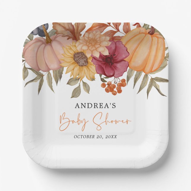 Elegant Pumpkin Autumn Fall Flower Baby Shower Paper Plates (Front)