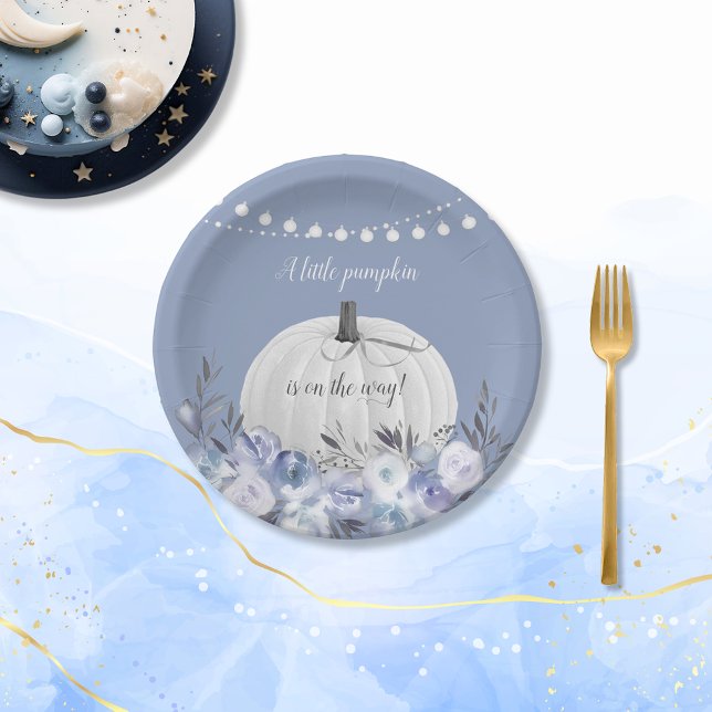 Elegant Pumpkin Baby Shower Dusty Blue Paper Plates (Creator Uploaded)