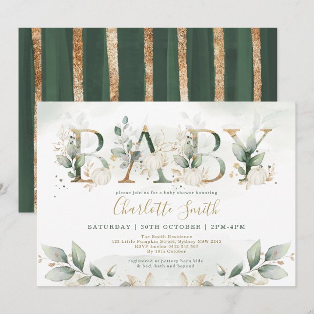 Elegant Pumpkin Baby Shower Leafy Greenery Gold Invitation (Front/Back)
