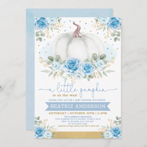 Elegant Pumpkin Blue Floral Roses Fall Baby Shower Invitation