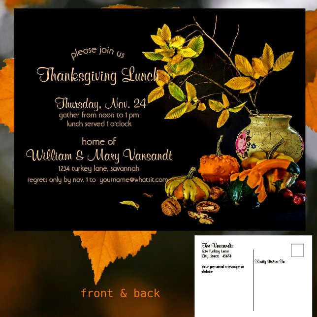 Elegant Pumpkin Botanical Thanksgiving Lunch Postcard (Creator Uploaded)