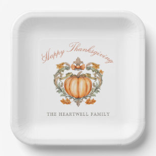 Elegant Pumpkin Crest Script Happy Thanksgiving Paper Plates