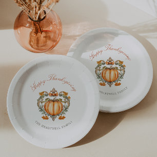 Elegant Pumpkin Crest Script Happy Thanksgiving Paper Plates