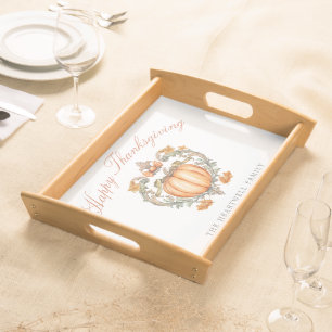 Elegant Pumpkin Crest Script Happy Thanksgiving Serving Tray