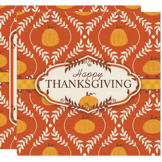 Elegant Pumpkin Damask Print For Thanksgiving Card