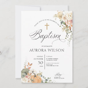 Elegant Pumpkin Floral Fall Baptism Invitation