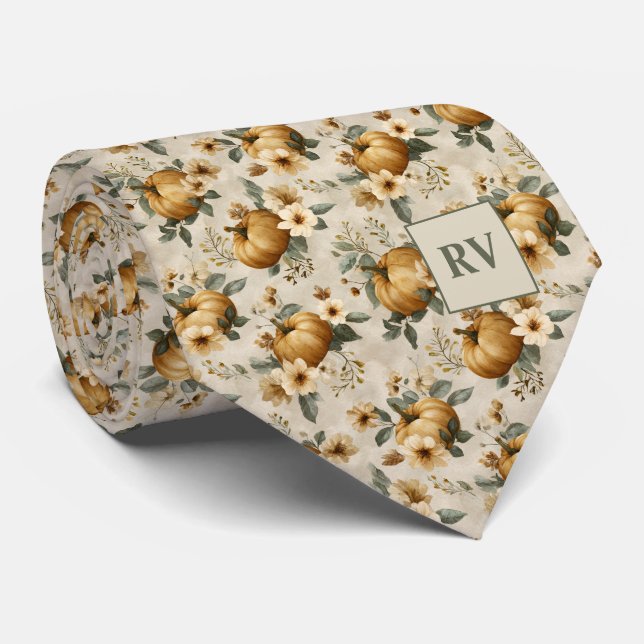 Elegant Pumpkin Floral Fall Neck Tie (Rolled)