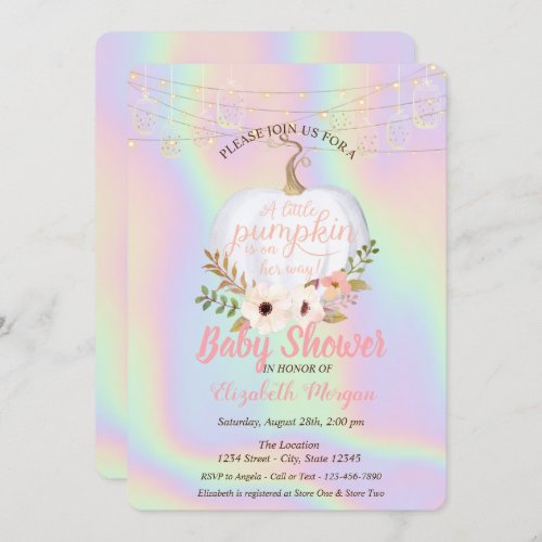 Elegant Pumpkin Floral Holographic Baby Shower Invitation