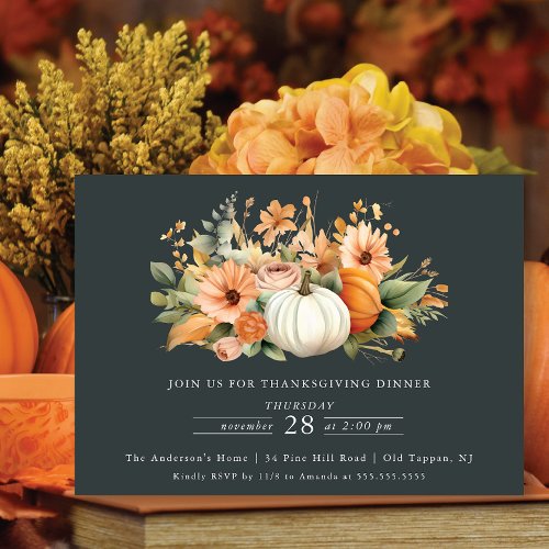 Elegant Pumpkin Floral Thanksgiving Dinner  Invitation