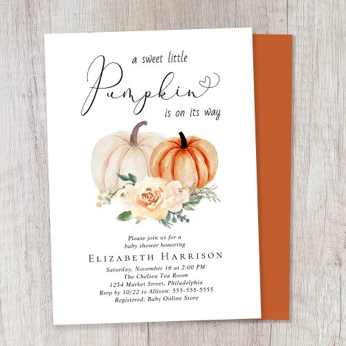 Elegant Pumpkin Floral Watercolor Baby Shower Invitation