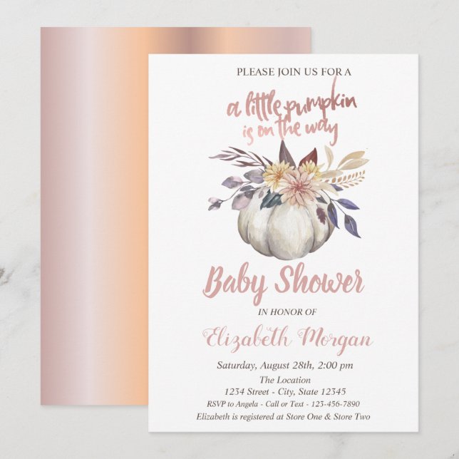 Elegant Pumpkin,Flowers Rose Gold Baby Shower Invitation (Front/Back)