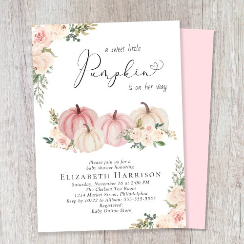 Elegant Pumpkin Pink Floral Baby Girl Shower Invitation