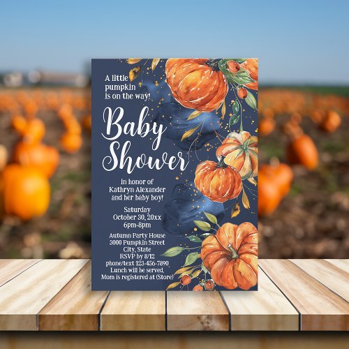Elegant Pumpkin Watercolor Fall Autumn Baby Shower Invitation
