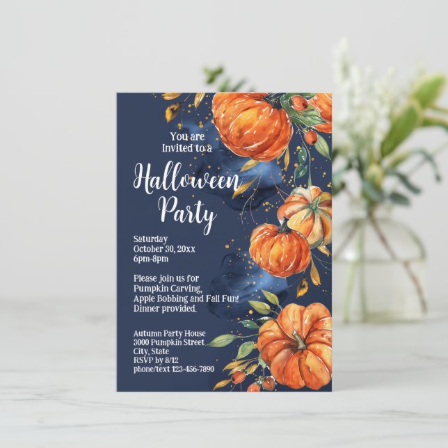 Elegant Pumpkin Watercolor Halloween Party Invitation (Standing Front)