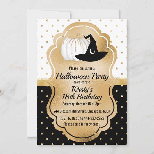 Elegant Pumpkin & Witch Hat, Gold & Black Birthday Invitation (Front)