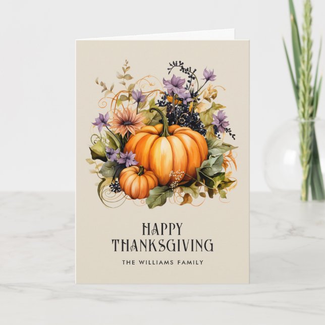 Elegant Pumpkins Floral Photo Happy Thanksgiving Card (Front)