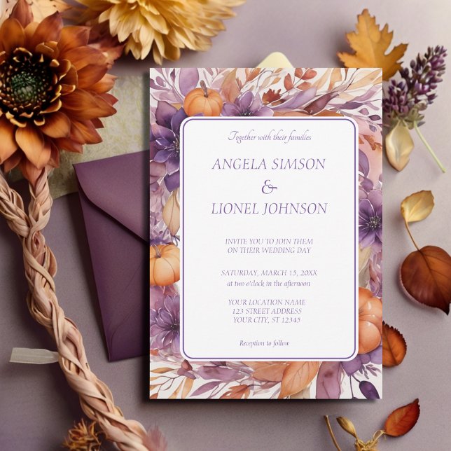 Elegant Pumpkins Purple Flowers Wedding Invitation (Creator Uploaded)