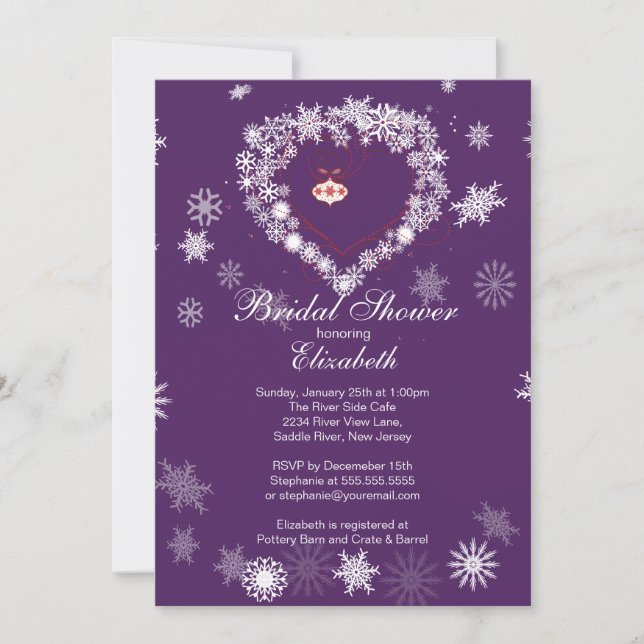 Elegant Purpl Snowflake Heart Winter Bridal Shower Invitation (Front)