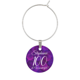 Elegant Purple 100 and Wonderful Birthday Name Wine Charm