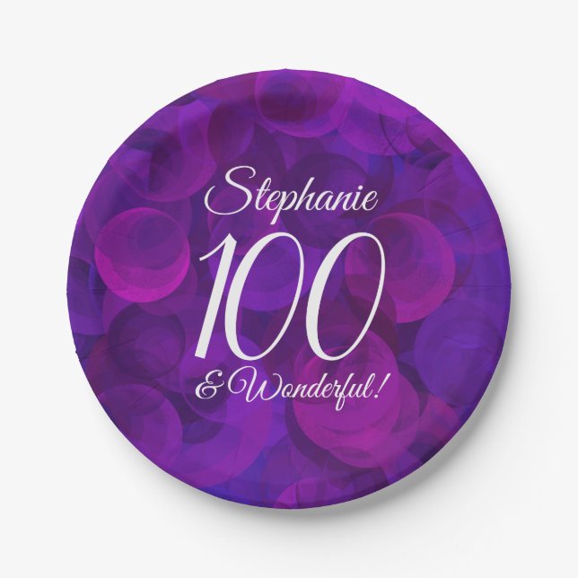 Elegant Purple 100 and Wonderful Birthday Party Paper Plates (Front)