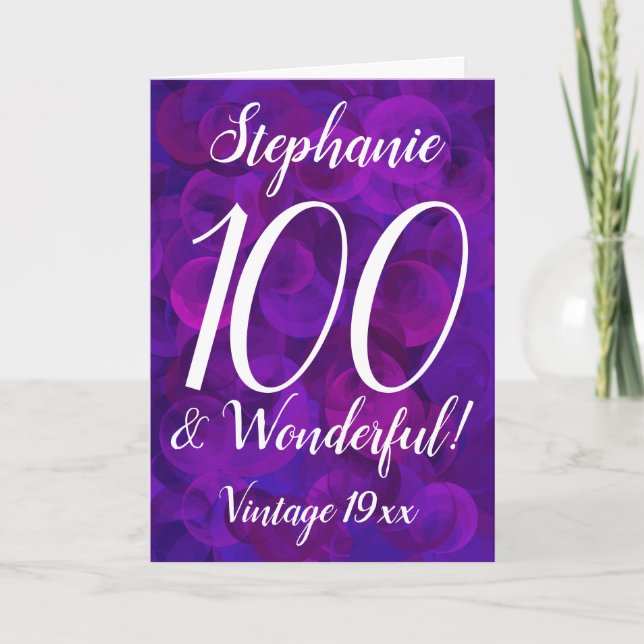 Elegant Purple 100 and Wonderful Name Birthday Card (Front)