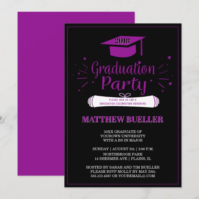 Elegant Purple 2018 Grad Cap Graduation Party Invitation (Front/Back)