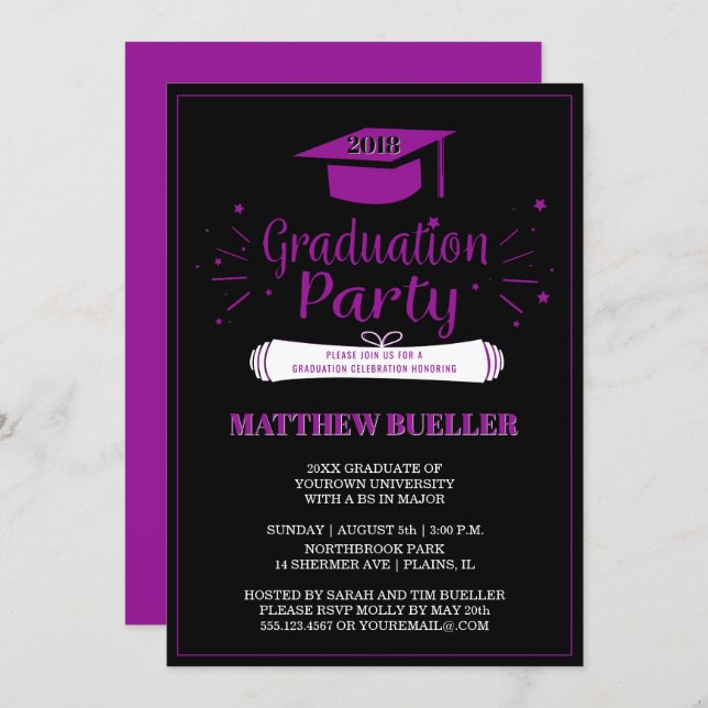 Elegant Purple 2018 Grad Cap Graduation Party Invitation (Front/Back)
