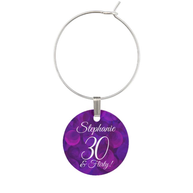 Elegant Purple 30 and Flirty Birthday Name Wine Charm (Front)