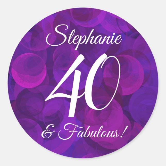 Elegant Purple 40 and Fabulous Birthday Favor Classic Round Sticker (Front)