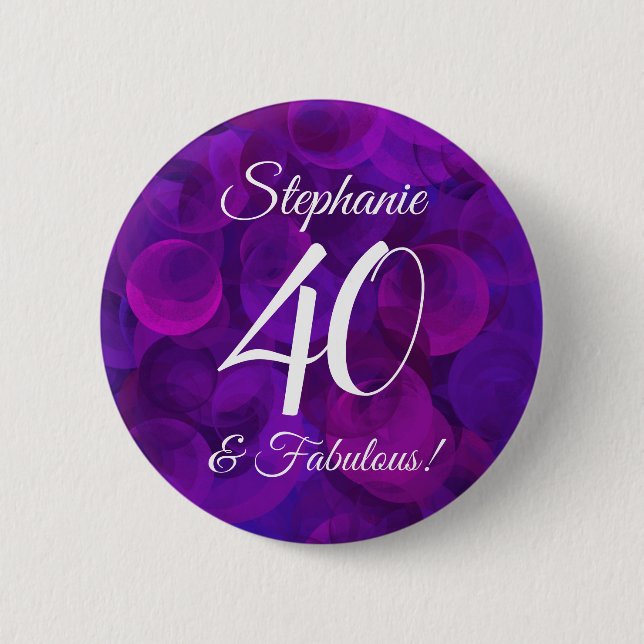 Elegant Purple 40 and Fabulous Birthday Party Button (Front)