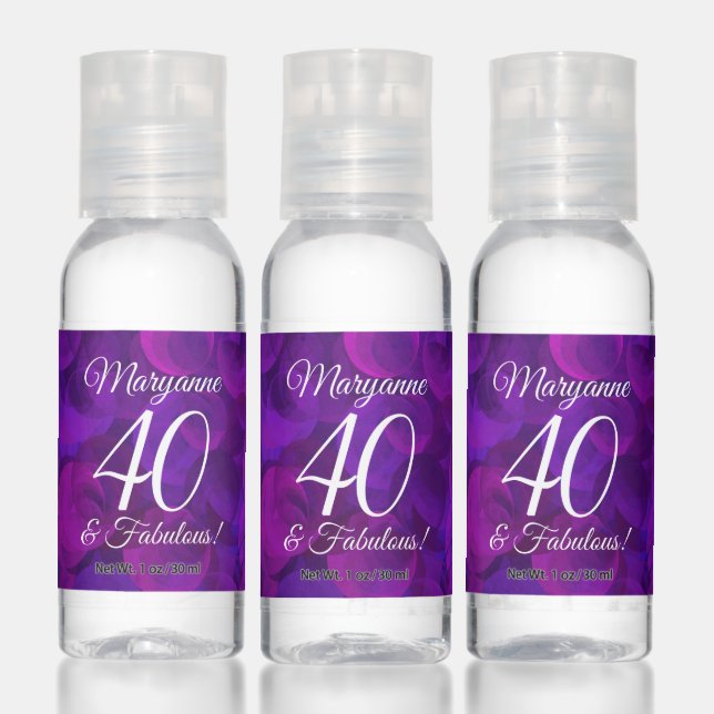 Elegant Purple 40 and Fabulous Birthday Party Hand Sanitizer (Set)