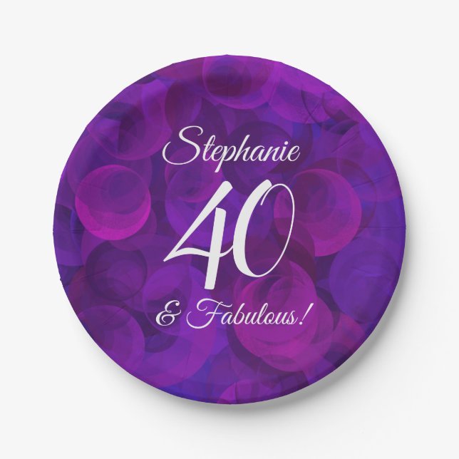 Elegant Purple 40 and Fabulous Birthday Party Paper Plates (Front)