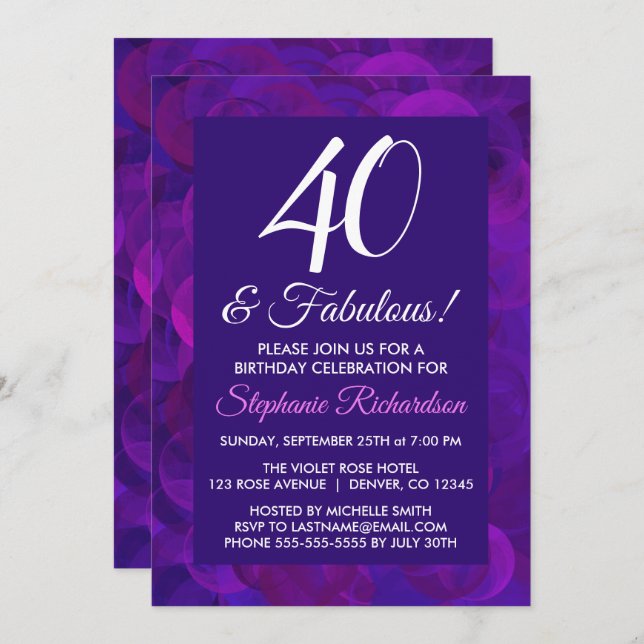 Elegant Purple 40 & Fabulous Birthday Party Invitation (Front/Back)