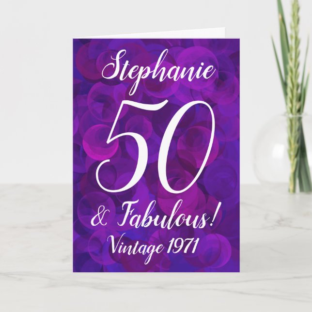 Elegant Purple 50 and Fabulous Birthday Customized Card (Front)