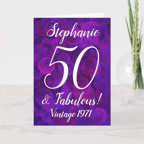 Elegant Purple 50 and Fabulous Birthday Customized Card