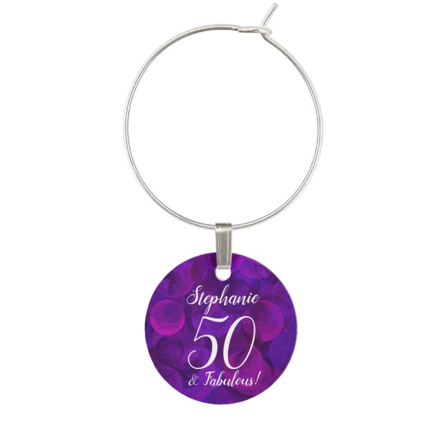 Elegant Purple 50 and Fabulous Birthday Name  Wine Charm (Front)