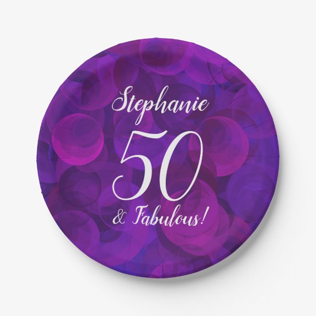 Elegant Purple 50 and Fabulous Birthday Party Paper Plates (Front)