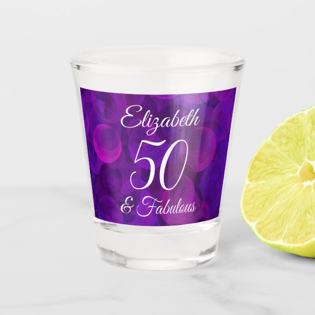 Elegant Purple 50 and Fabulous Birthday Party Shot Glass (Front)