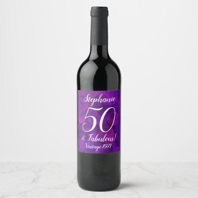 Elegant Purple 50 and Fabulous Year Personalized Wine Label (Front)