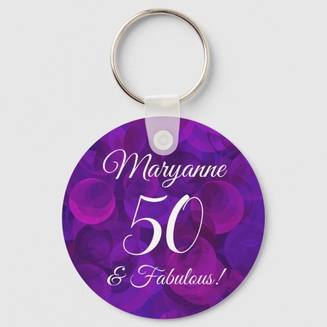 Elegant Purple 50 & Fabulous Birthday Party Favor Keychain (Front)