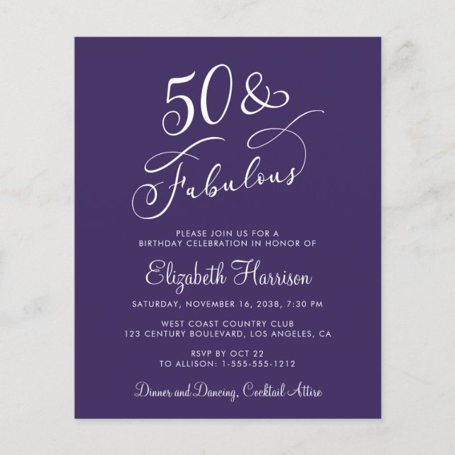 Elegant Purple 50th Birthday Party Invitation (Front)