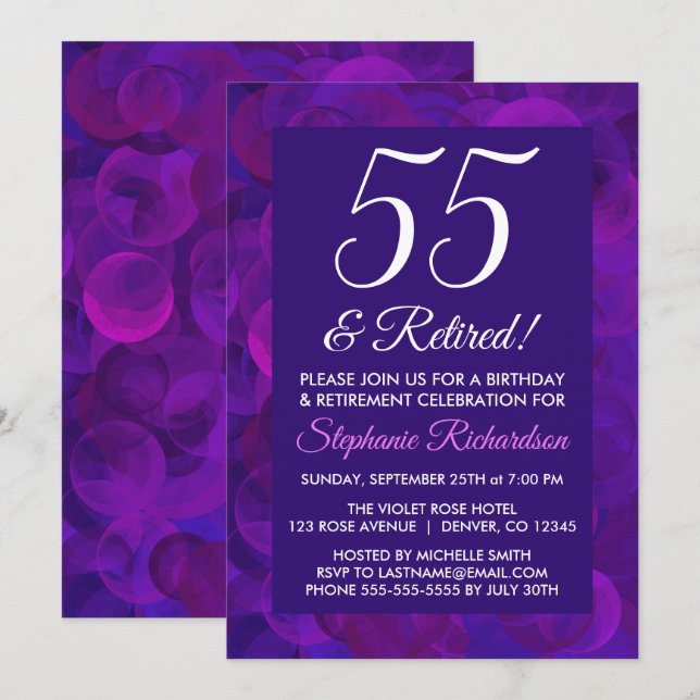 Elegant Purple 55 and Retired Retirement Party Invitation (Front/Back)