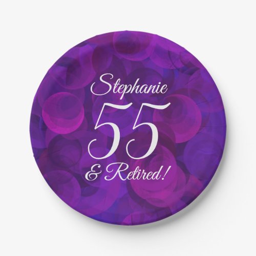 Elegant Purple 55 and Retired Retirement Party Paper Plates