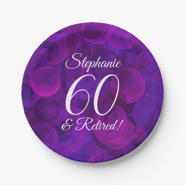 Elegant Purple 60 and Retired Retirement Party Paper Plates (Front)