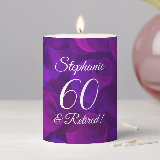 Elegant Purple 60 and Retired Retirement Pillar Candle (In Situ)