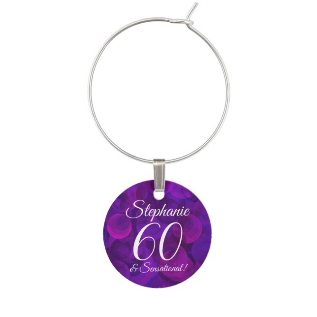 Elegant Purple 60 and Sensational Birthday Name Wine Charm (Front)