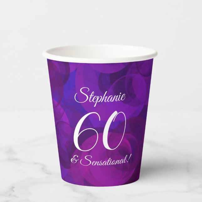 Elegant Purple 60 and Sensational Birthday Party Paper Cups (Front)